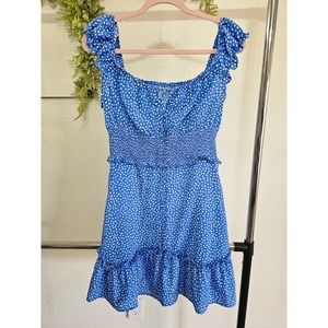 Women Teen Cute Blue Dot Pattern Summer Beach Dress Size Medium Square Collar